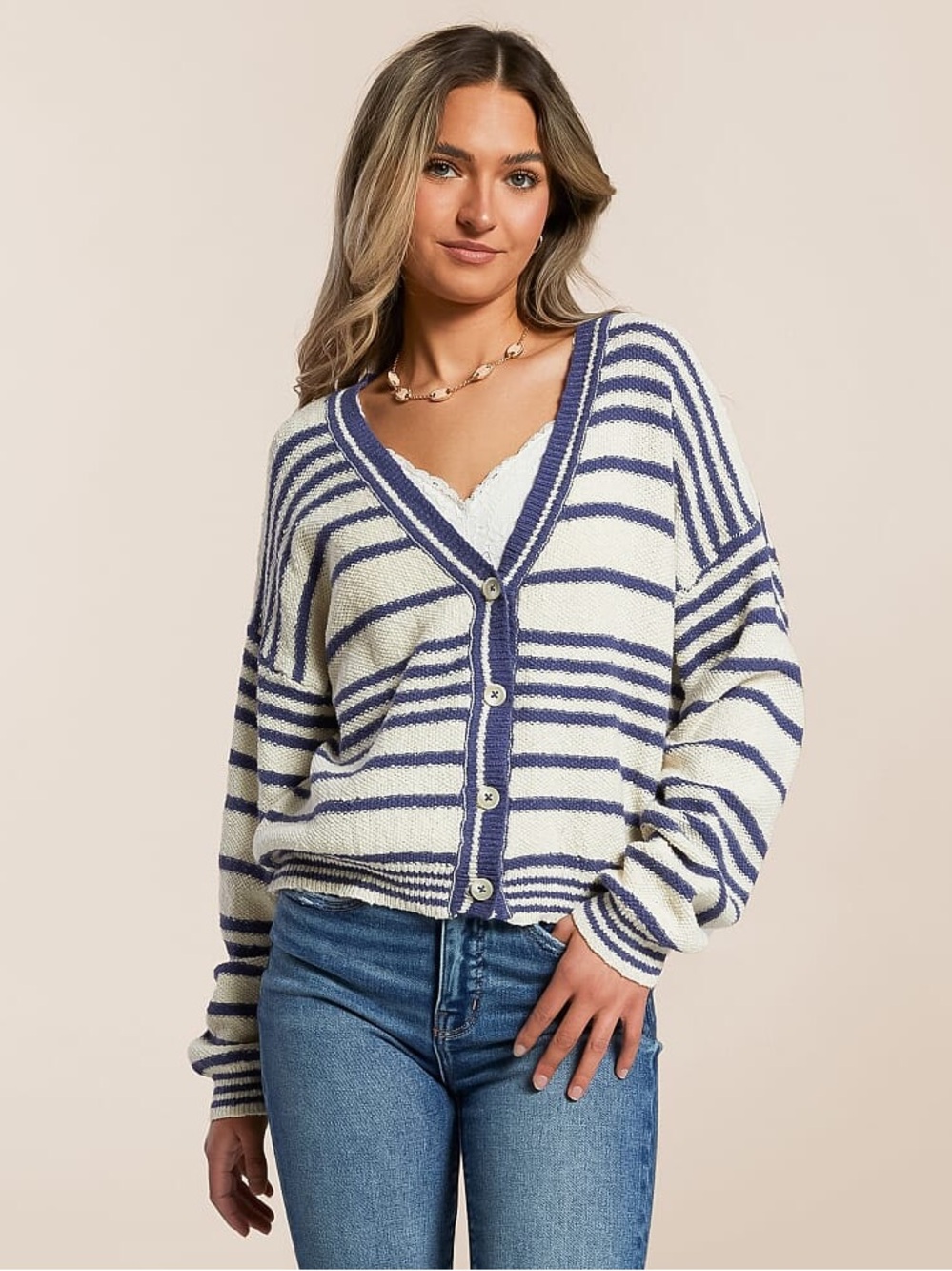 By Together Striped Button Cardigan Sweater Natural Blue Navy Cream Size Medium